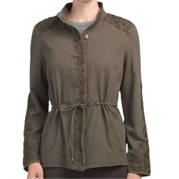 Love Sam L Olive Green Travis Cargo Beaded Embroidered Military Snap Up Jacket - Picture 1 of 15